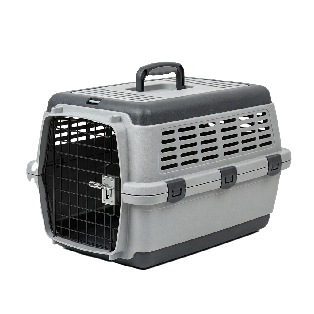 Light grey plastic pet carrier with ventilation holes, handle, and secure latch