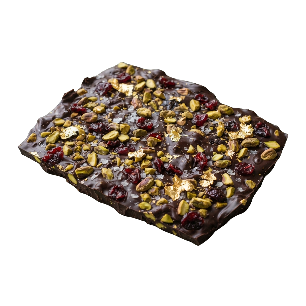 A piece of chocolate bark topped with pistachios and dried cranberries on a dark background