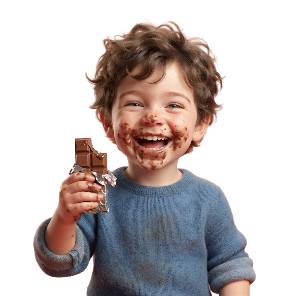 A smiling child with chocolate smeared on face and hair holding a chocolate bar.