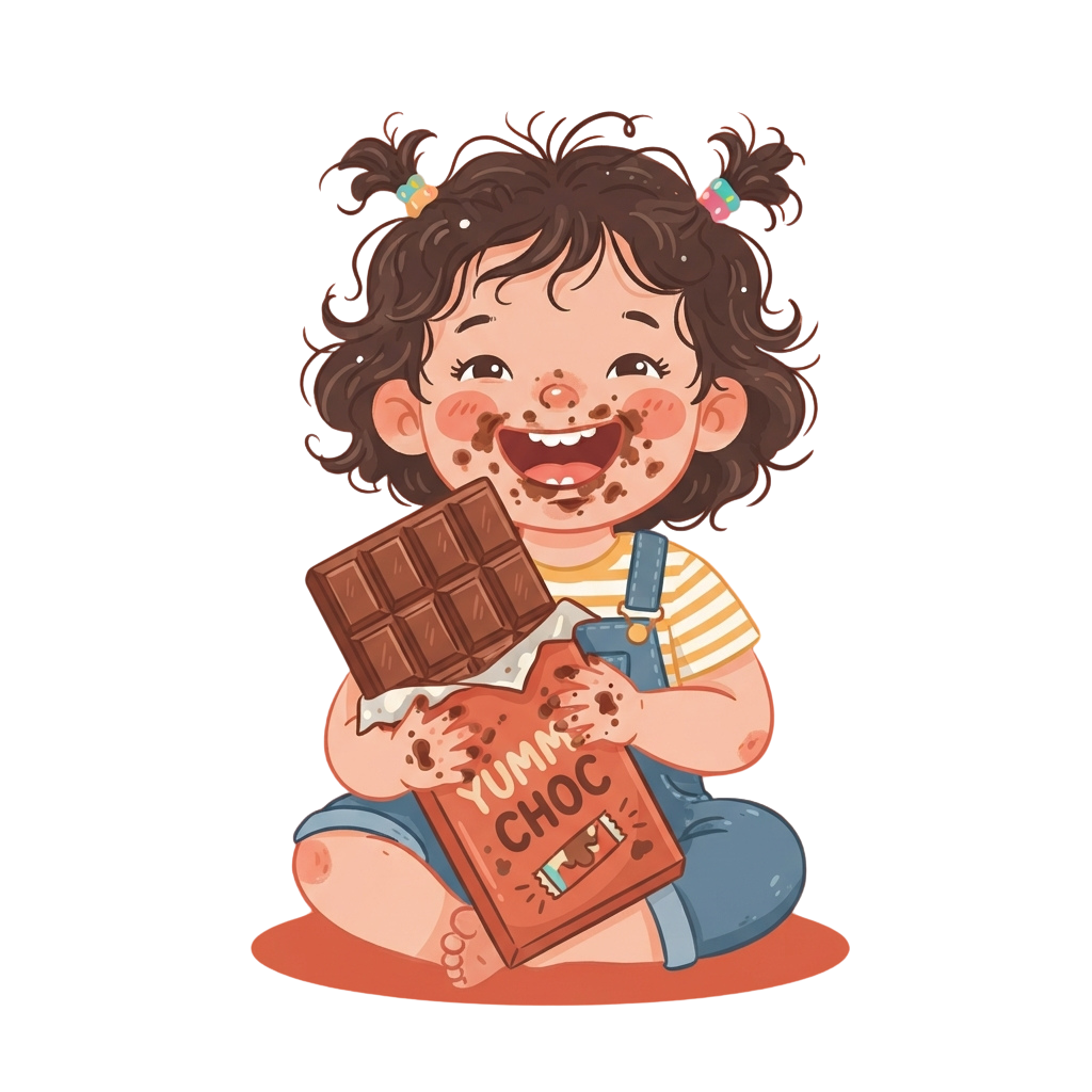Smiling child with chocolate smeared face holding a chocolate bar and wrapper