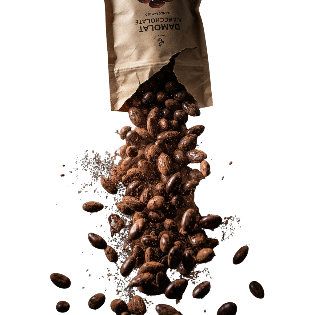 Dark cocoa beans spilling from a paper bag onto a dark surface