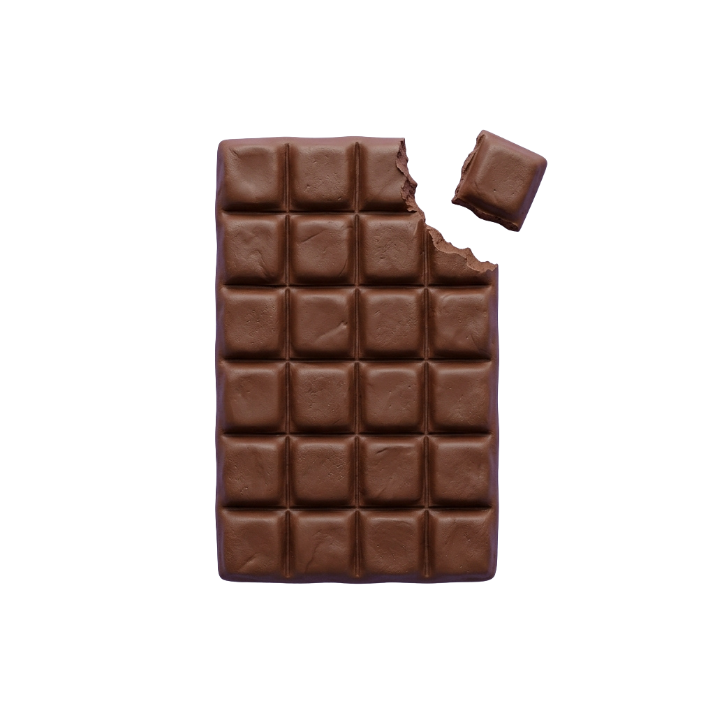 A broken dark chocolate bar with a missing square piece on a black background