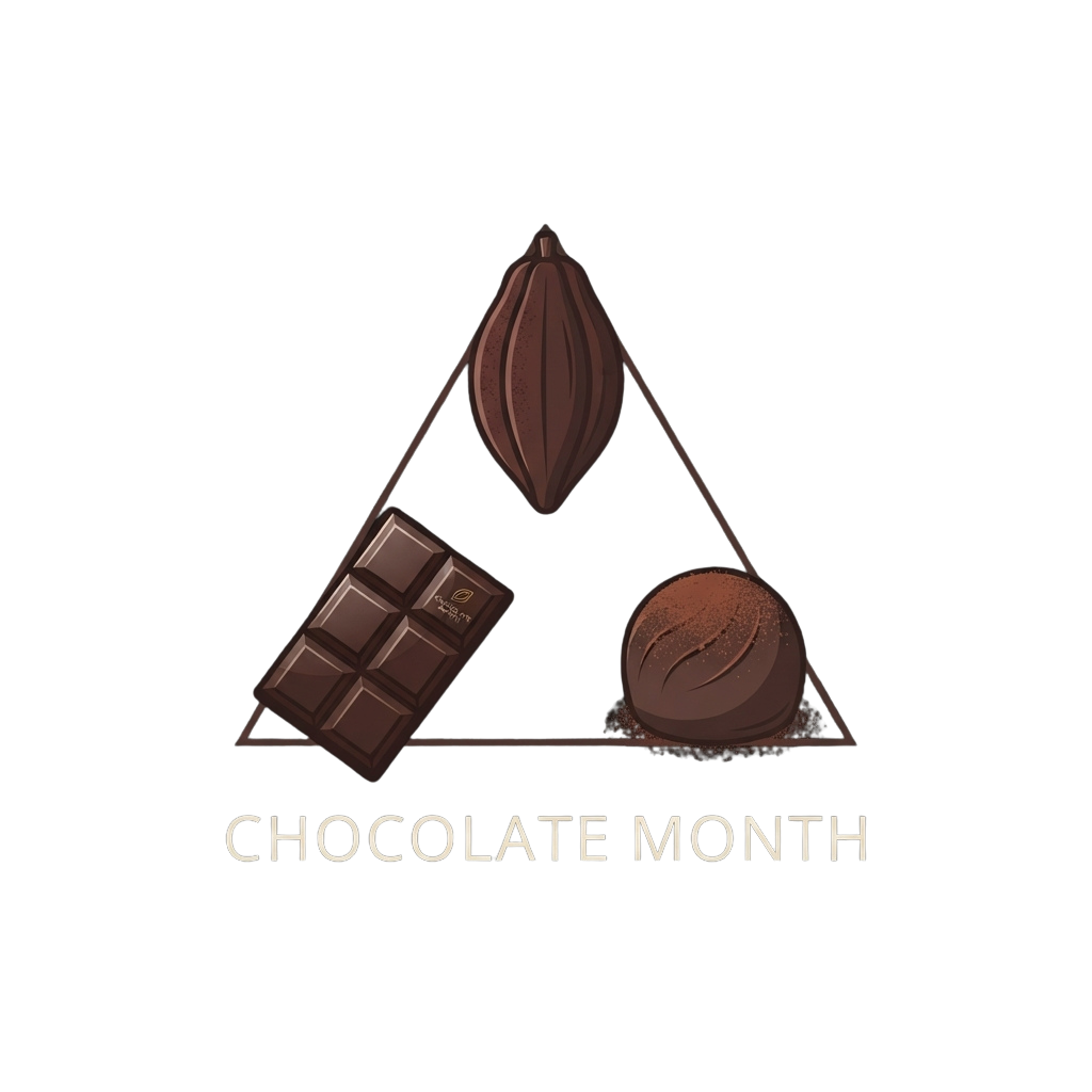 A triangular arrangement of a chocolate bar, cocoa bean, and truffle with Chocolate Month text below.