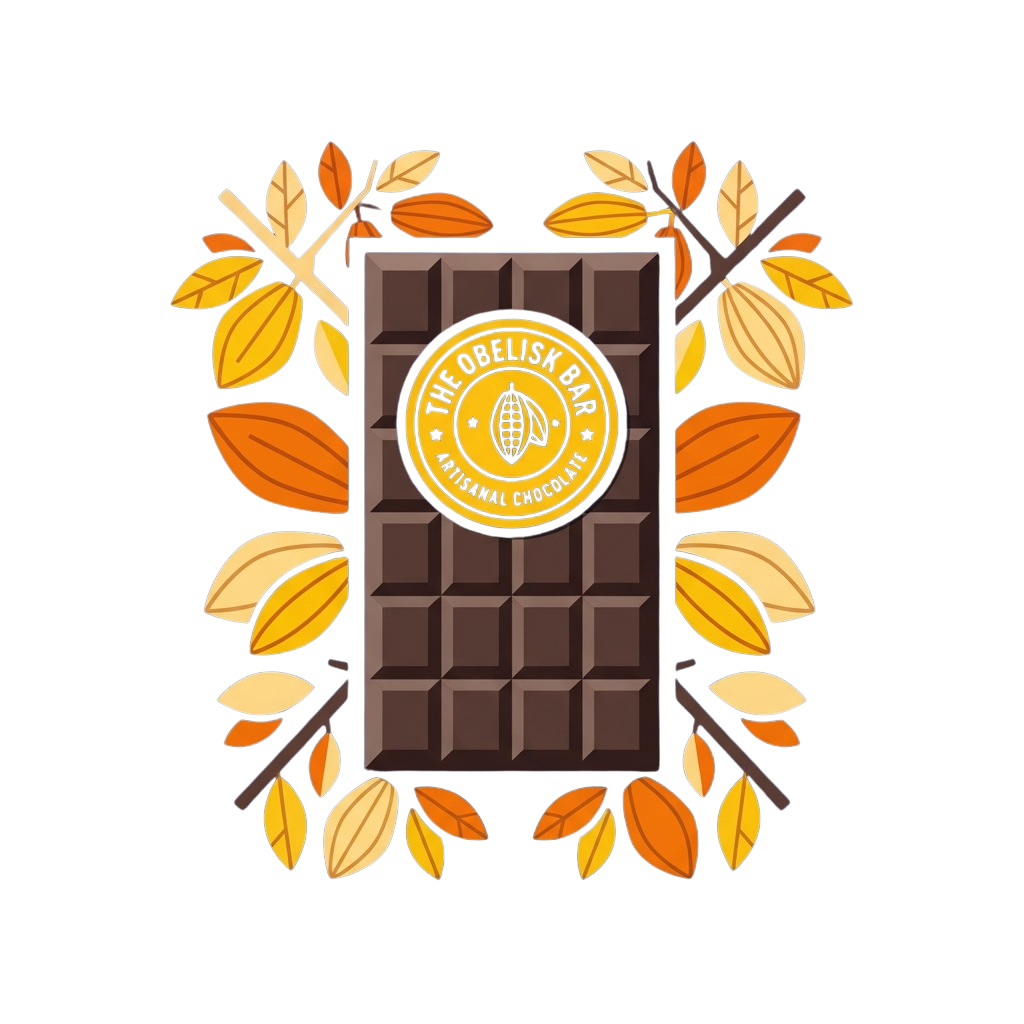 Illustration of a chocolate bar surrounded by cocoa pods and leaves on a dark background