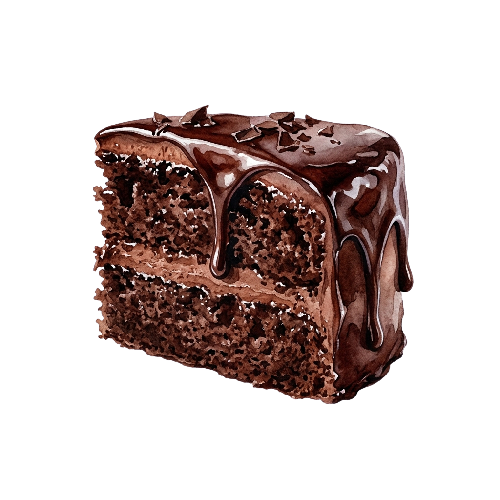 A slice of decadent chocolate cake with layers of fudge and chocolate ganache drizzle on top