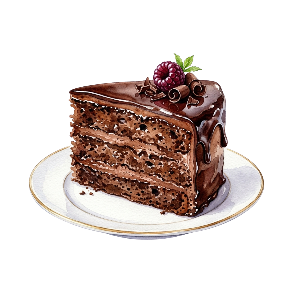 A slice of rich chocolate layer cake with chocolate drizzle and raspberry garnish on a white plate.