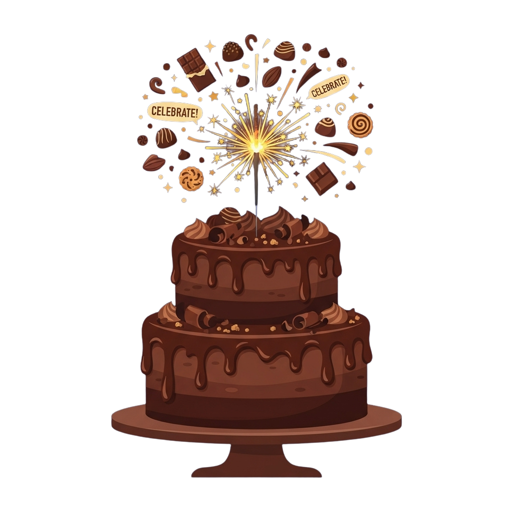 Illustration of a two-tiered chocolate cake with a lit sparkler on top and confetti of sweets around it