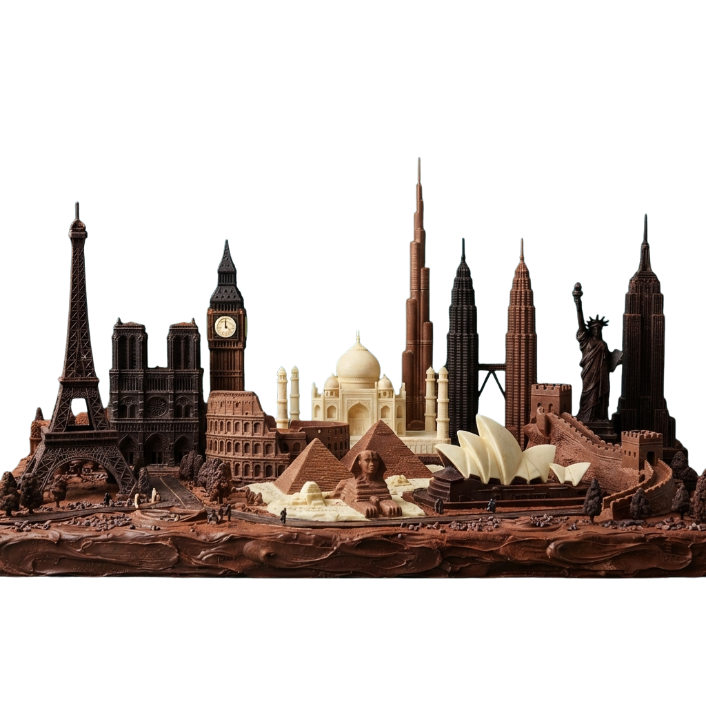 Intricate chocolate model featuring iconic global landmarks like the Eiffel Tower, Taj Mahal, and Sydney Opera House