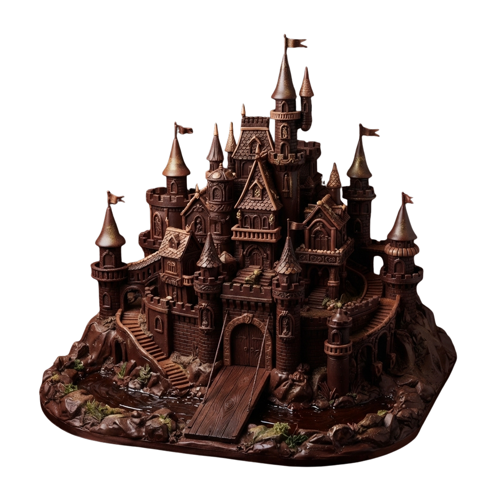 Detailed chocolate castle sculpture with towers, bridges, and rocky base against a dark background