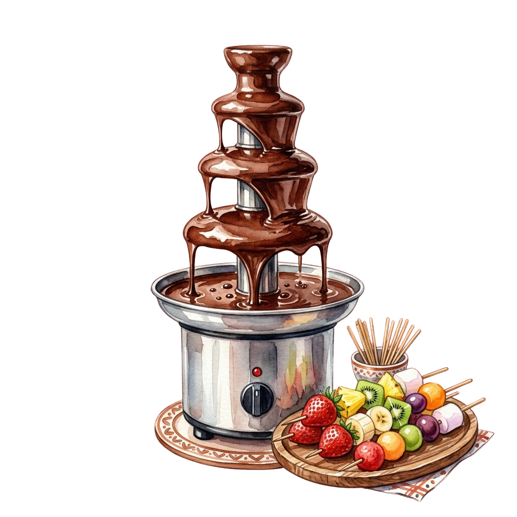 A multi-tiered chocolate fountain pouring melted chocolate with a tray of fruit and dessert skewers beside it