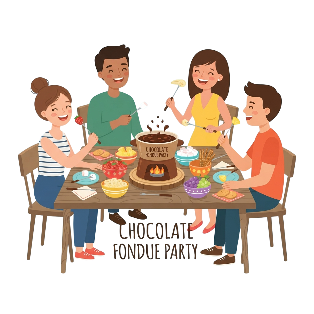 Four people smiling while dipping food into a chocolate fondue pot at a table filled with snacks