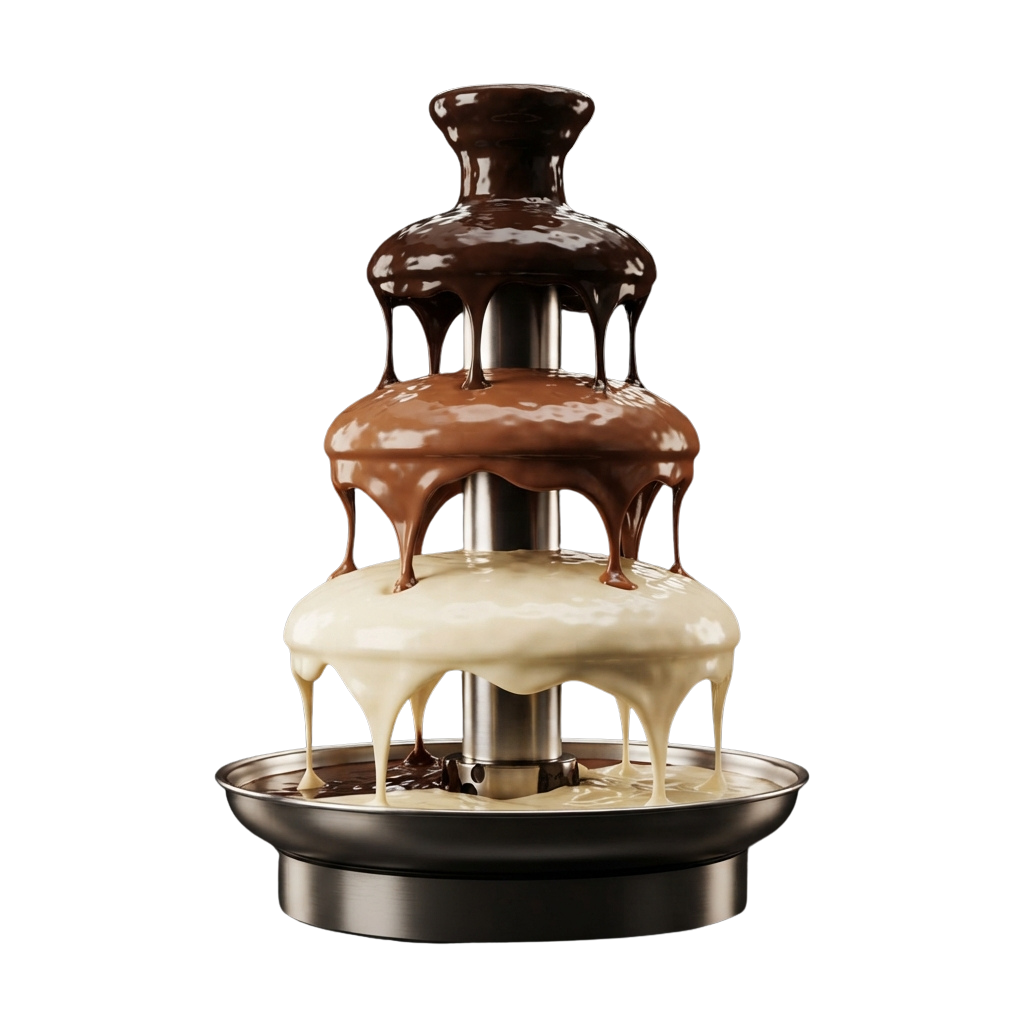 A tiered chocolate fountain with three levels pouring melted chocolate and cream onto a plate below