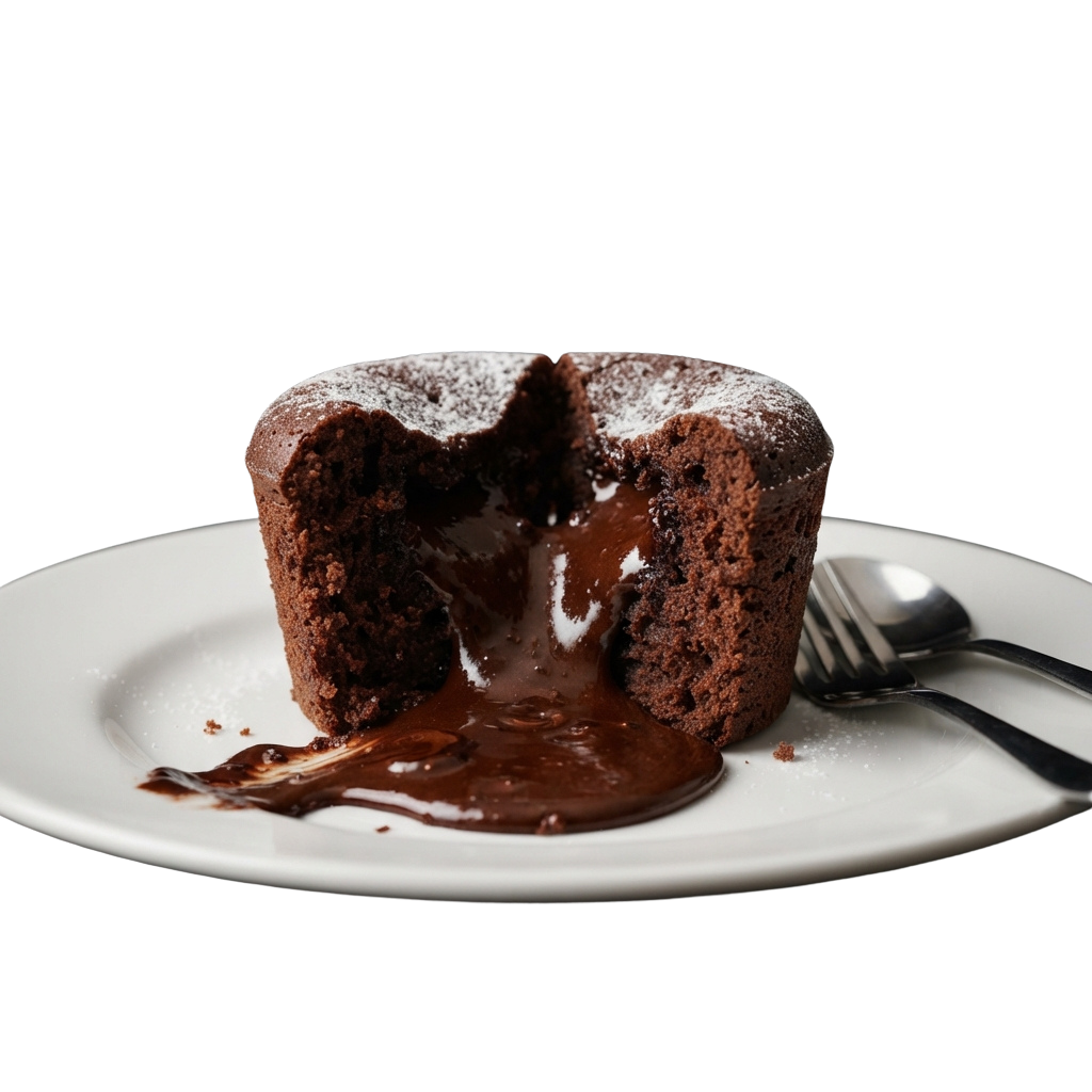 A slice of chocolate cake with a molten center and chocolate ganache dripping down the side on a white plate.