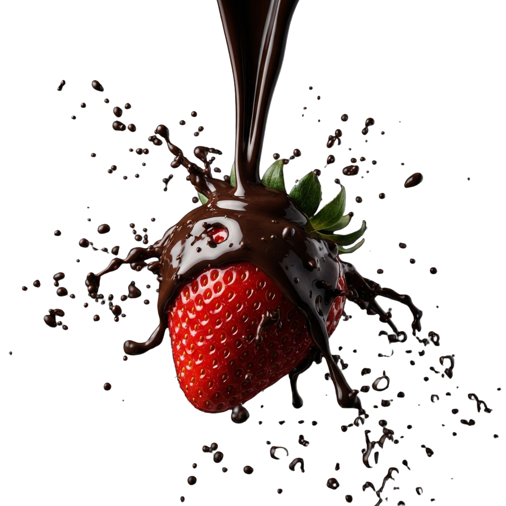 A ripe strawberry partially dipped in melted chocolate with syrup dripping from a spoon