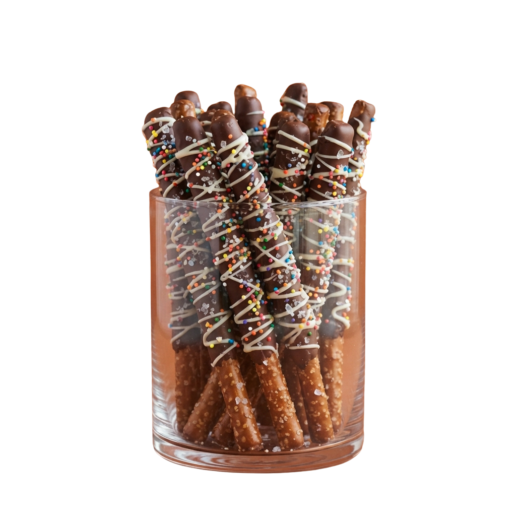 A clear glass jar filled with chocolate-drizzled pretzel sticks topped with colorful sprinkles and white icing swirls