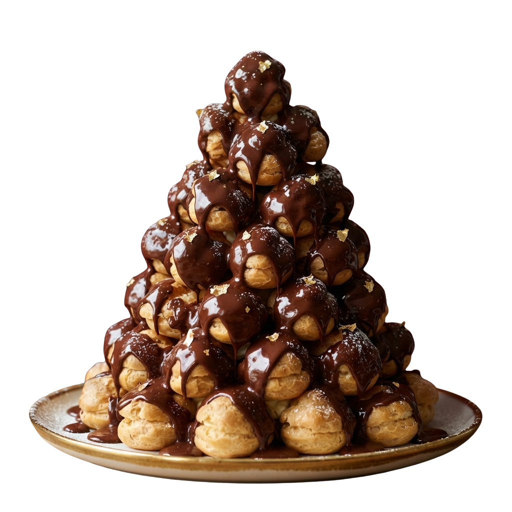 A tall stack of chocolate-drizzled churros on a plate with powdered sugar sprinkled on top