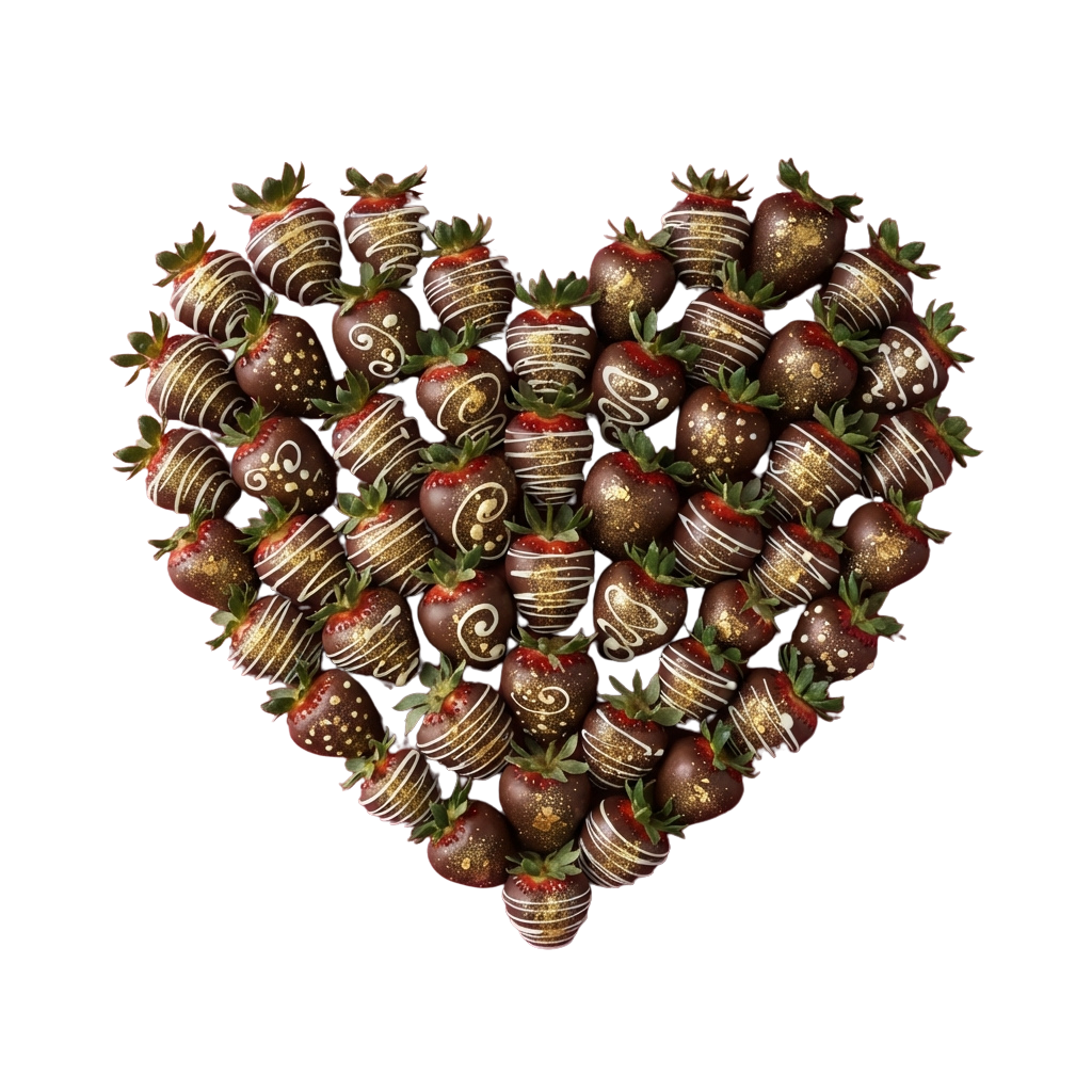 Heart-shaped arrangement of chocolate-dipped strawberries with decorative designs in white and gold