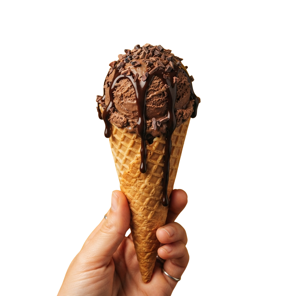 A hand holding a tall waffle cone filled with chocolate chip ice cream melting with chocolate drizzle.