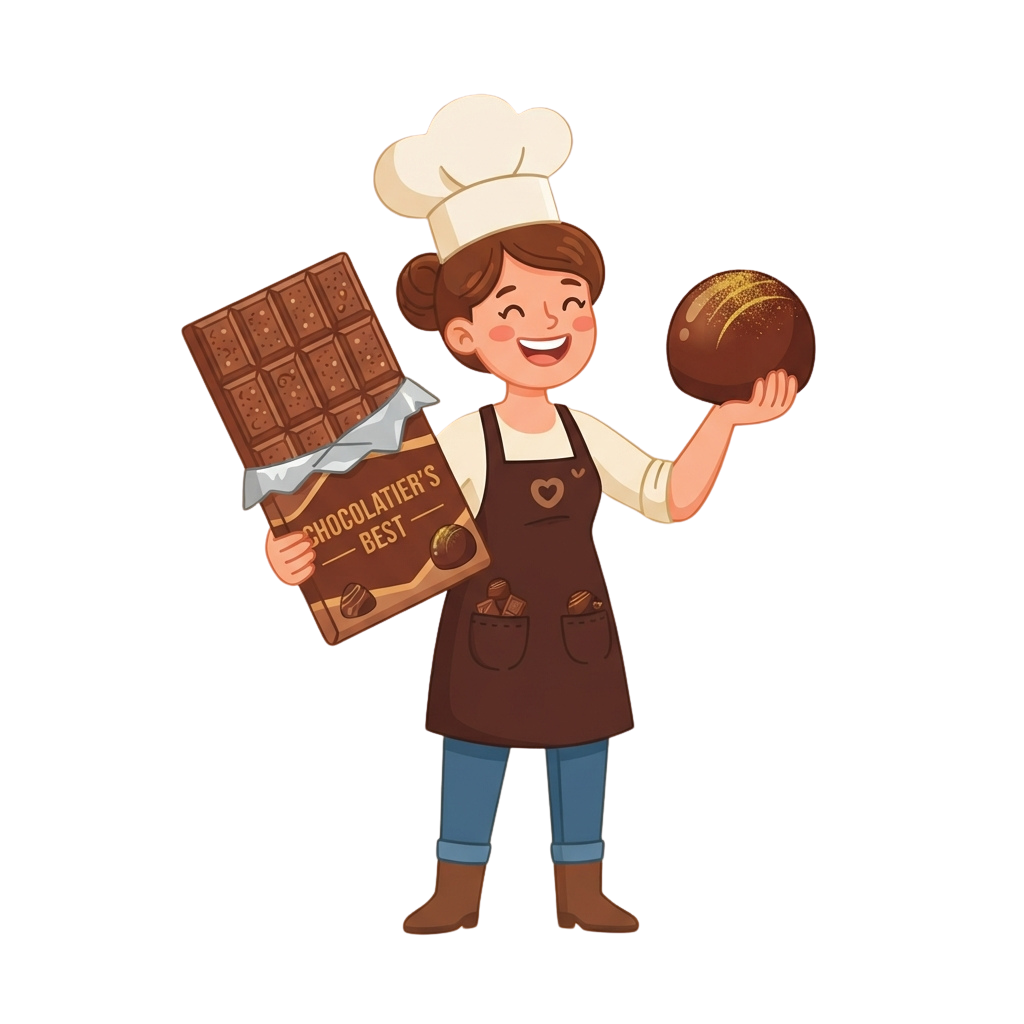 Cheerful chef wearing apron and hat holding a chocolate bar and truffle