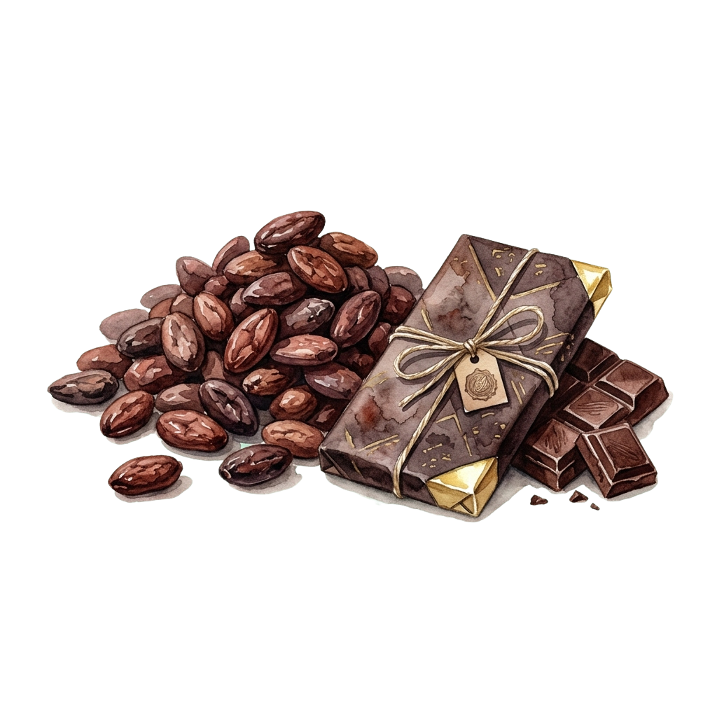 Illustration of dark chocolate bars wrapped with ribbon and loose cocoa beans
