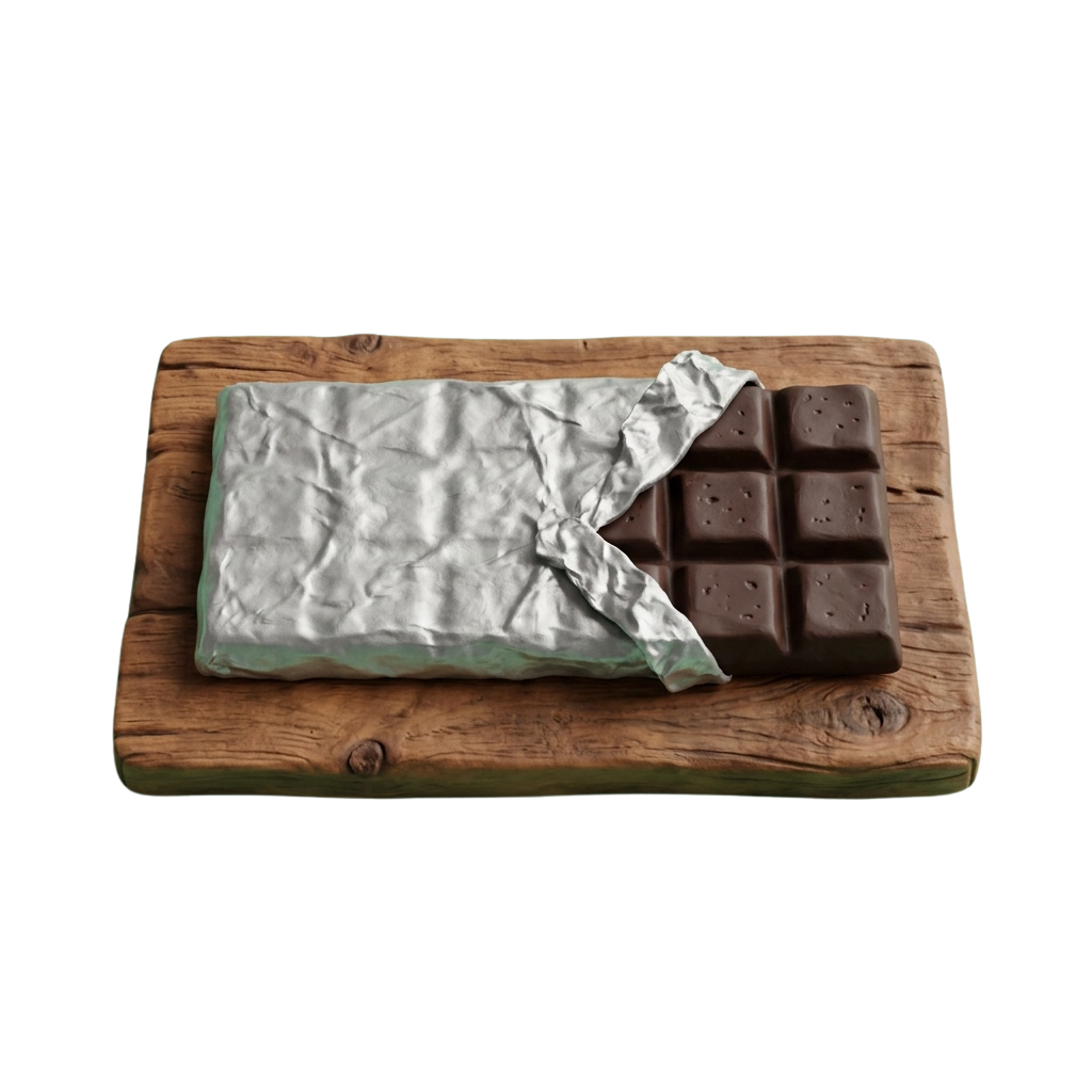 A chocolate bar partially unwrapped and placed on a wooden board with foil still covering part of it