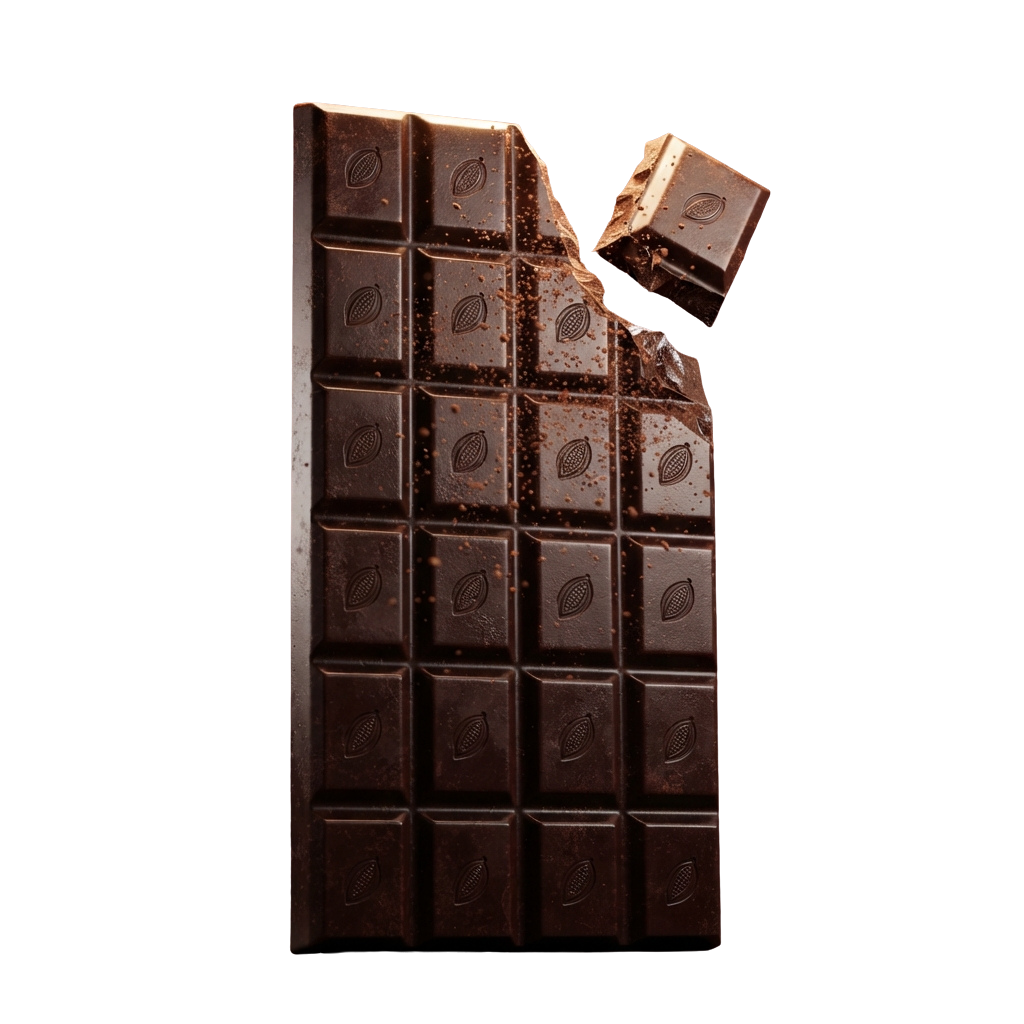 A dark chocolate bar with a broken piece, showing rich texture and cocoa nibs.