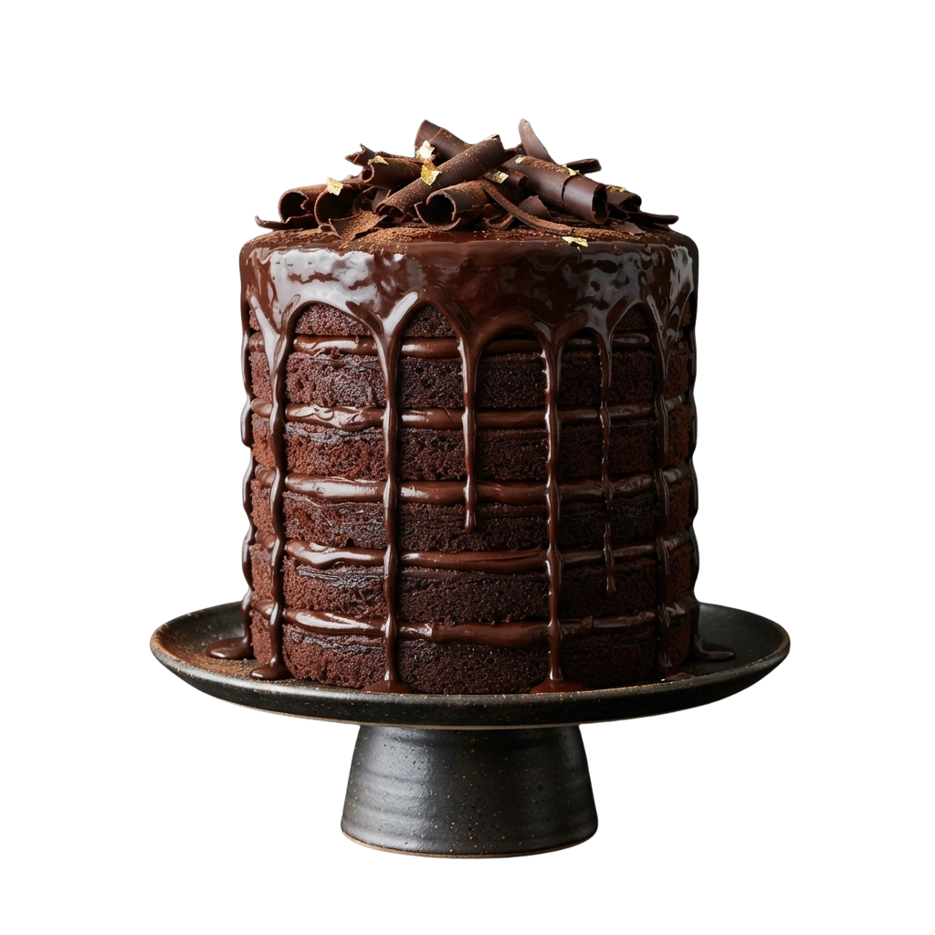 A rich chocolate cake with layers of ganache drips and shaved chocolate on top, placed on a dark plate.