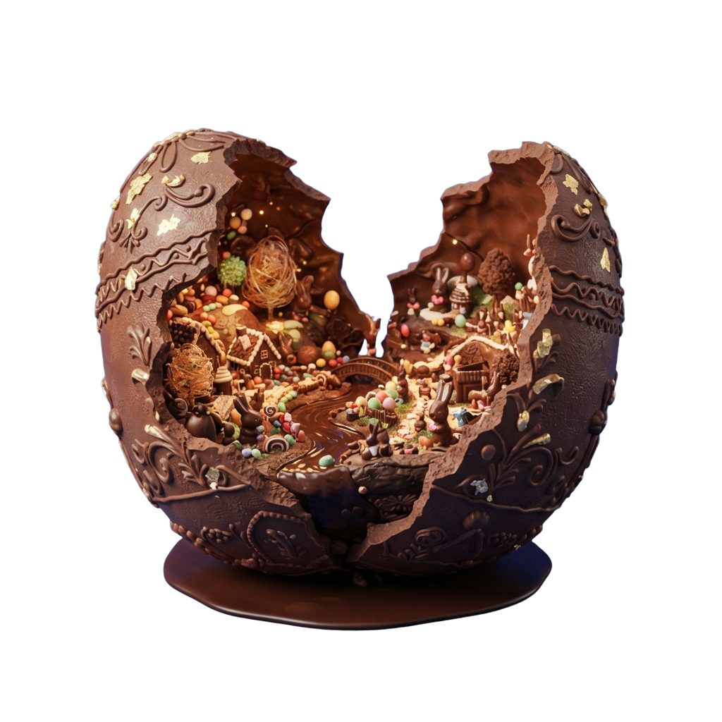 Open chocolate Easter egg filled with colorful miniature decorations and tiny figurines