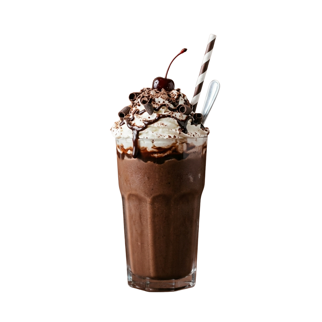 A tall glass of chocolate ice cream sundae drink topped with whipped cream, chocolate syrup, and a cherry on a stick