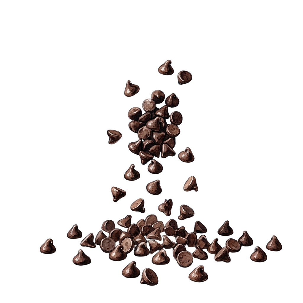A collection of small chocolate chips scattered in a loose pile against a black background