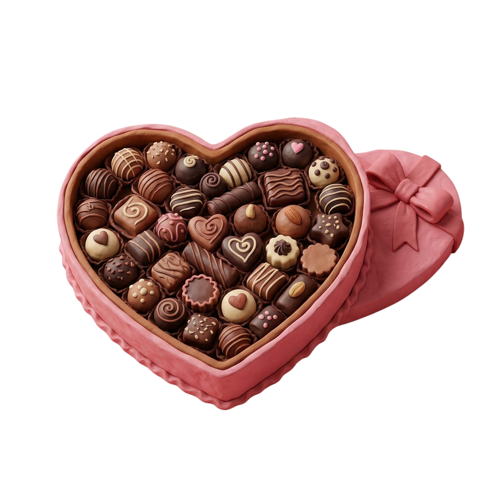 Heart-shaped pink box filled with various chocolate truffles and candies
