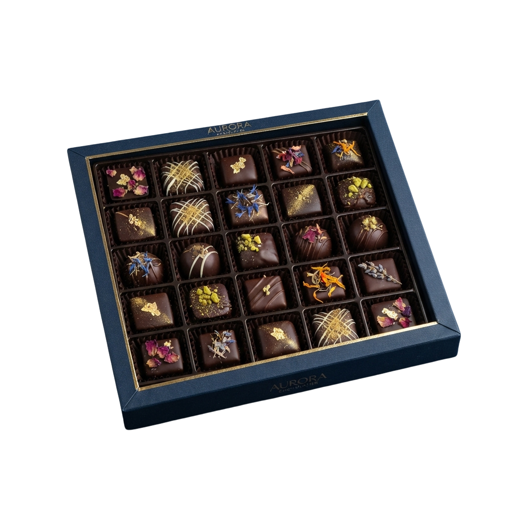 A box of 20 assorted chocolate truffles decorated with edible flowers and gold accents
