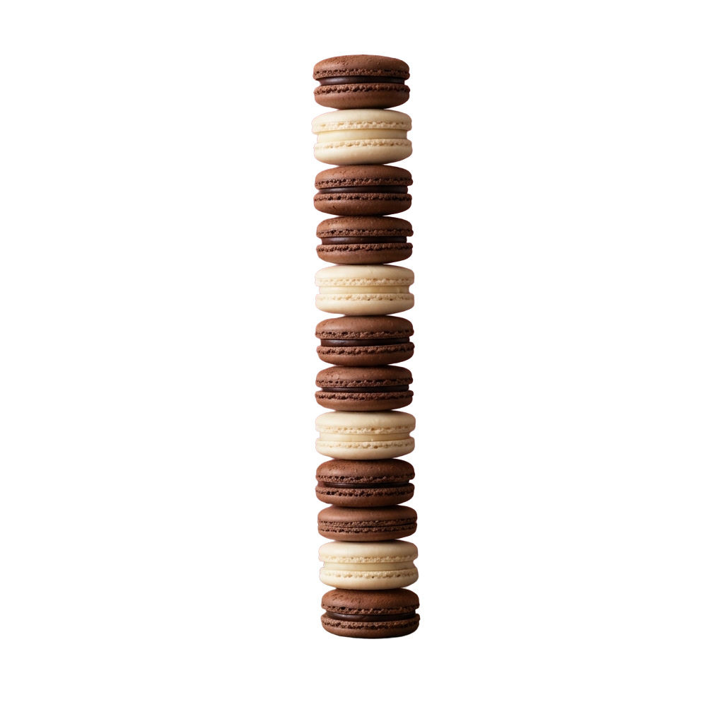 A vertical stack of six chocolate macarons with alternating dark and light fillings against a black background