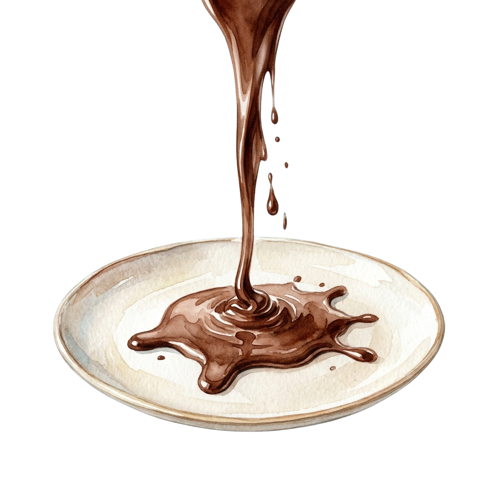 A stream of chocolate syrup pouring into a white saucer, creating a puddle with small droplets falling around it.