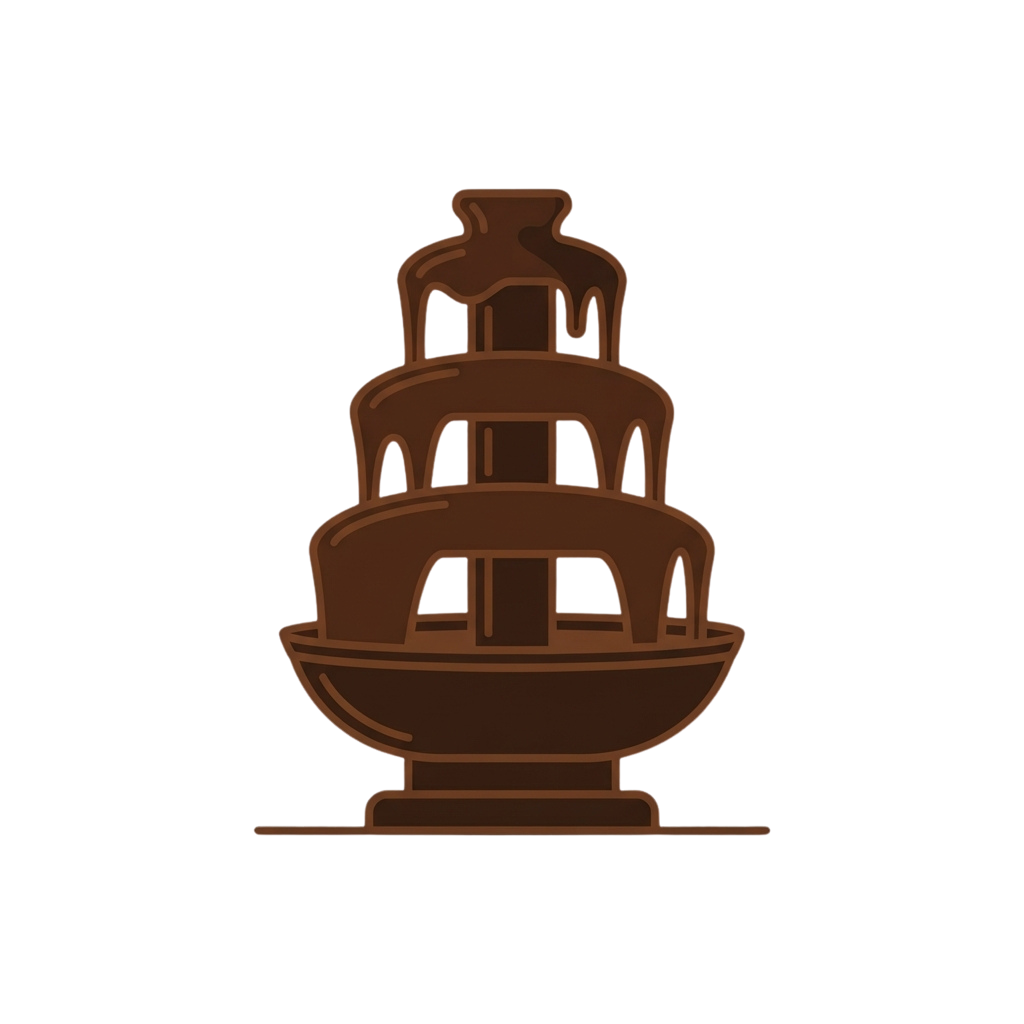 Illustration of a three-tiered chocolate fountain with intricate details and dripping chocolate on top
