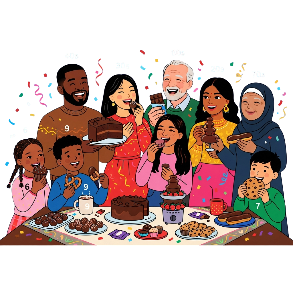 Happy family of different ages celebrating with cake and sweets at a table