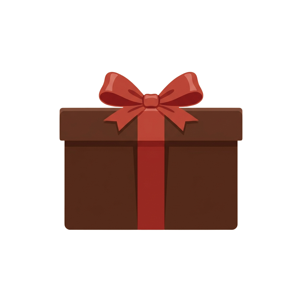A brown gift box tied with a red satin bow on top