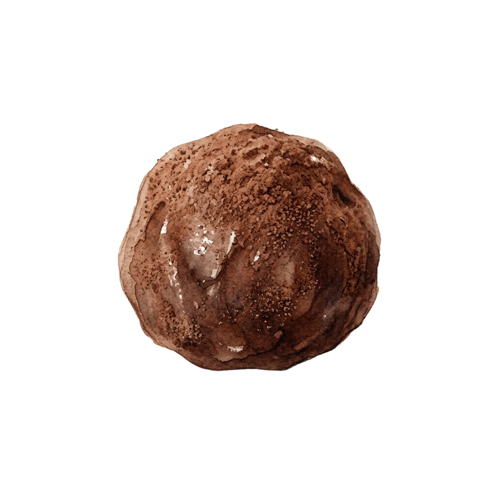 A round brown chocolate truffle with a glossy sheen and slightly cracked surface