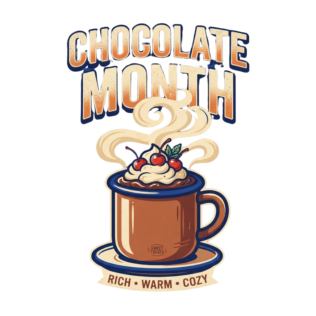 A steaming cup of hot chocolate with whipped cream and berries, labeled rich warm cozy, celebrating Chocolate Month