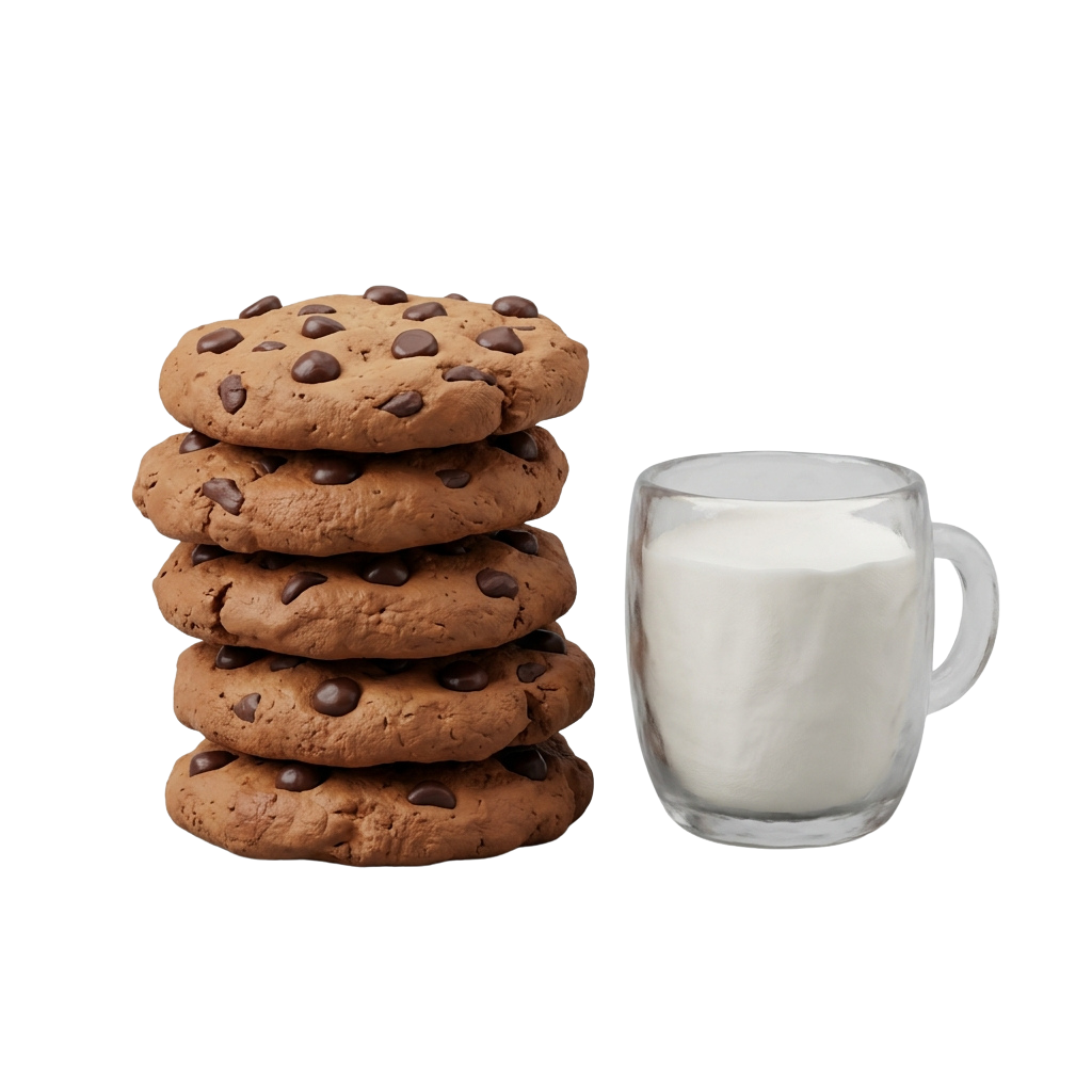 Stack of four chocolate chip cookies next to a glass mug filled with milk