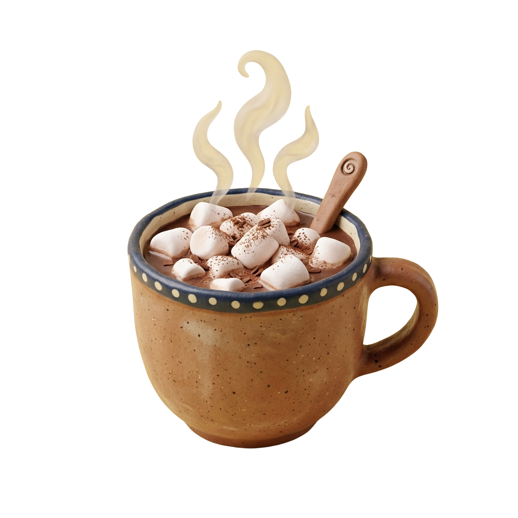 A ceramic mug filled with hot chocolate topped with marshmallows and a wooden stirrer, emitting steam.