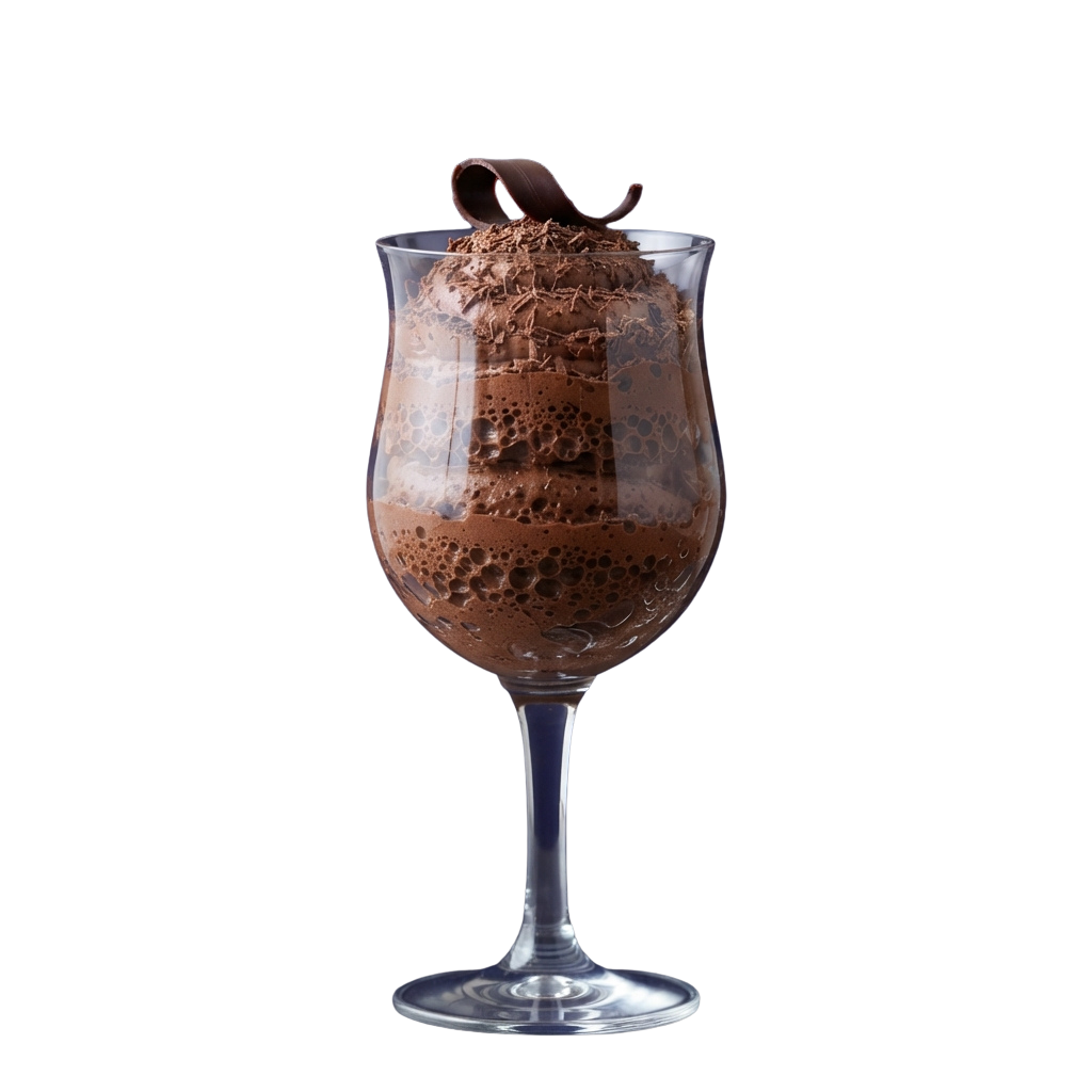 A tall glass filled with chocolate mousse topped with chocolate shavings and a chocolate ribbon.