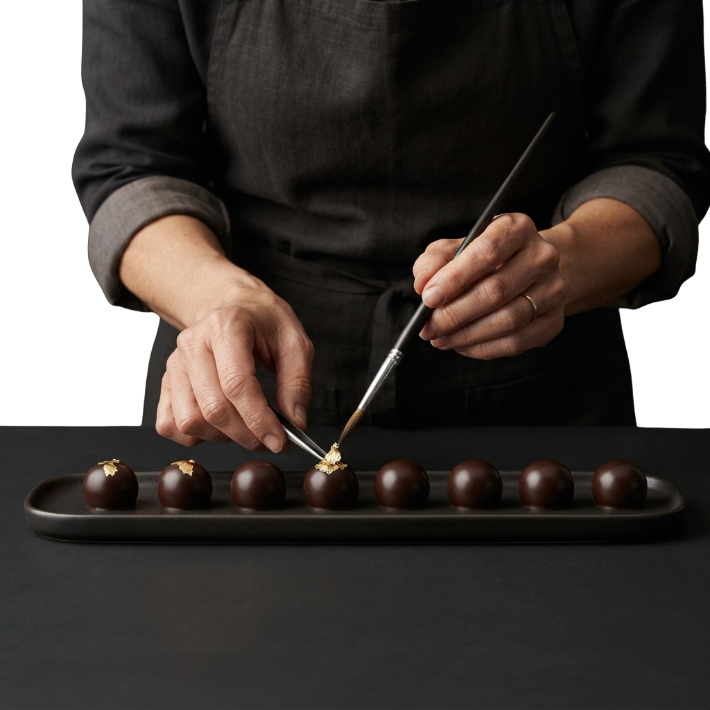A chef decorating round chocolate truffles placed on a tray with edible gold leaf using a small brush.
