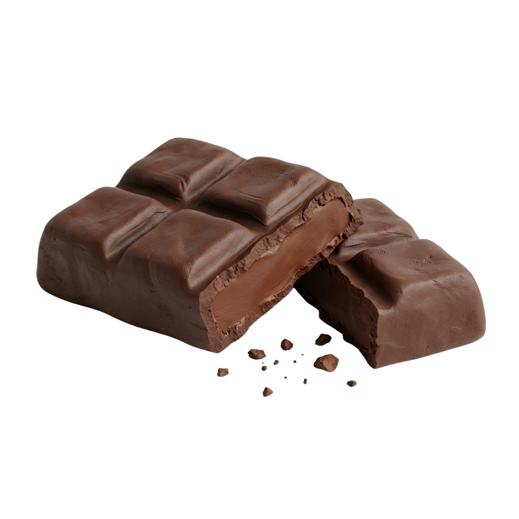 A broken dark chocolate bar with crumbs scattered on a black background