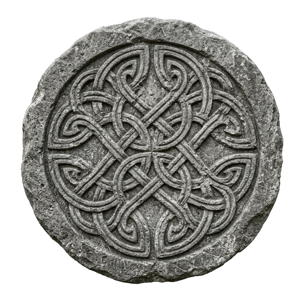 Ancient stone carving featuring a detailed Celtic knot pattern in a circular shape