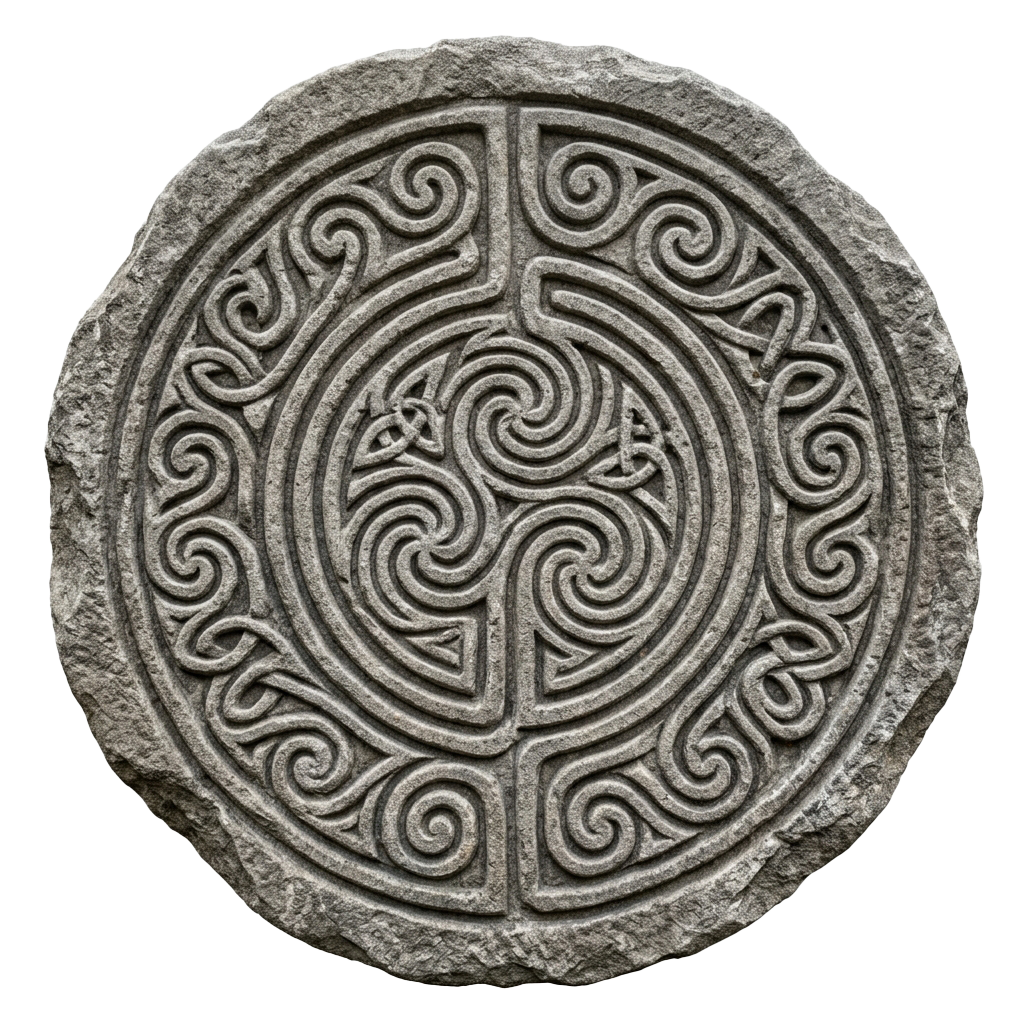 Circular stone carving featuring intricate Celtic knot and swirl patterns in four symmetrical sections