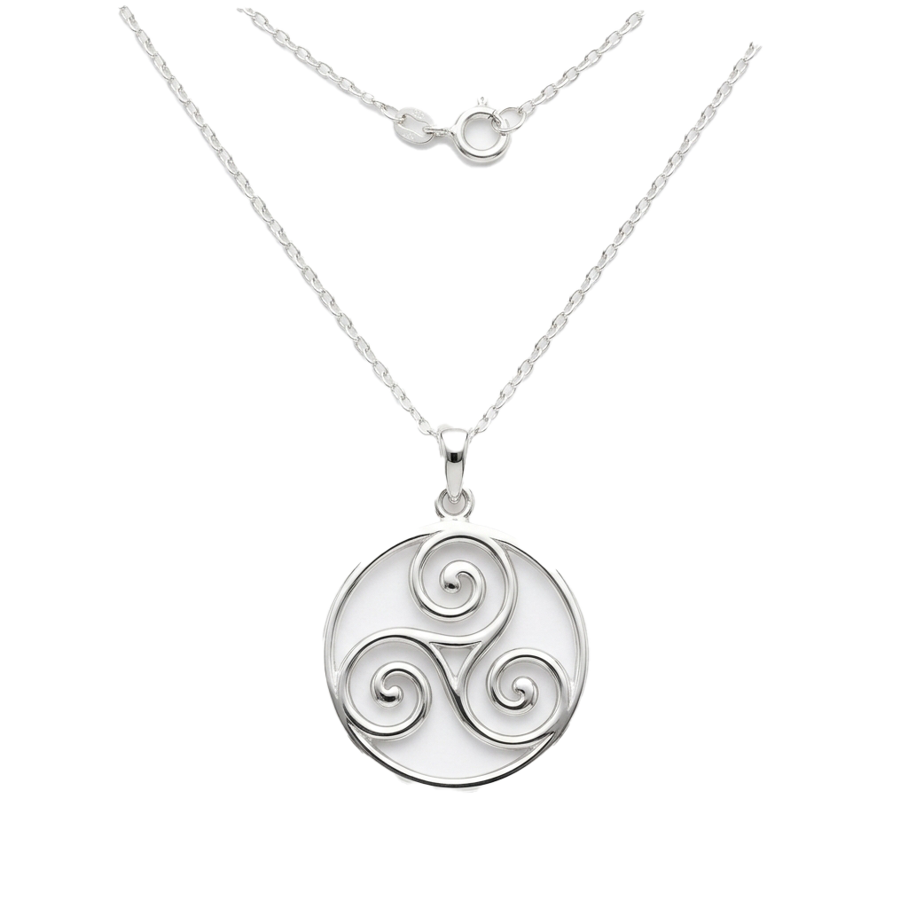 A silver necklace with a circular pendant featuring a trinity knot design and a beaded chain closure.