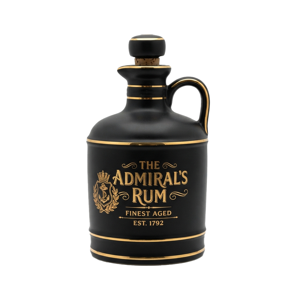 Dark bottle of aged rum with gold label and accents, featuring a handle and spout