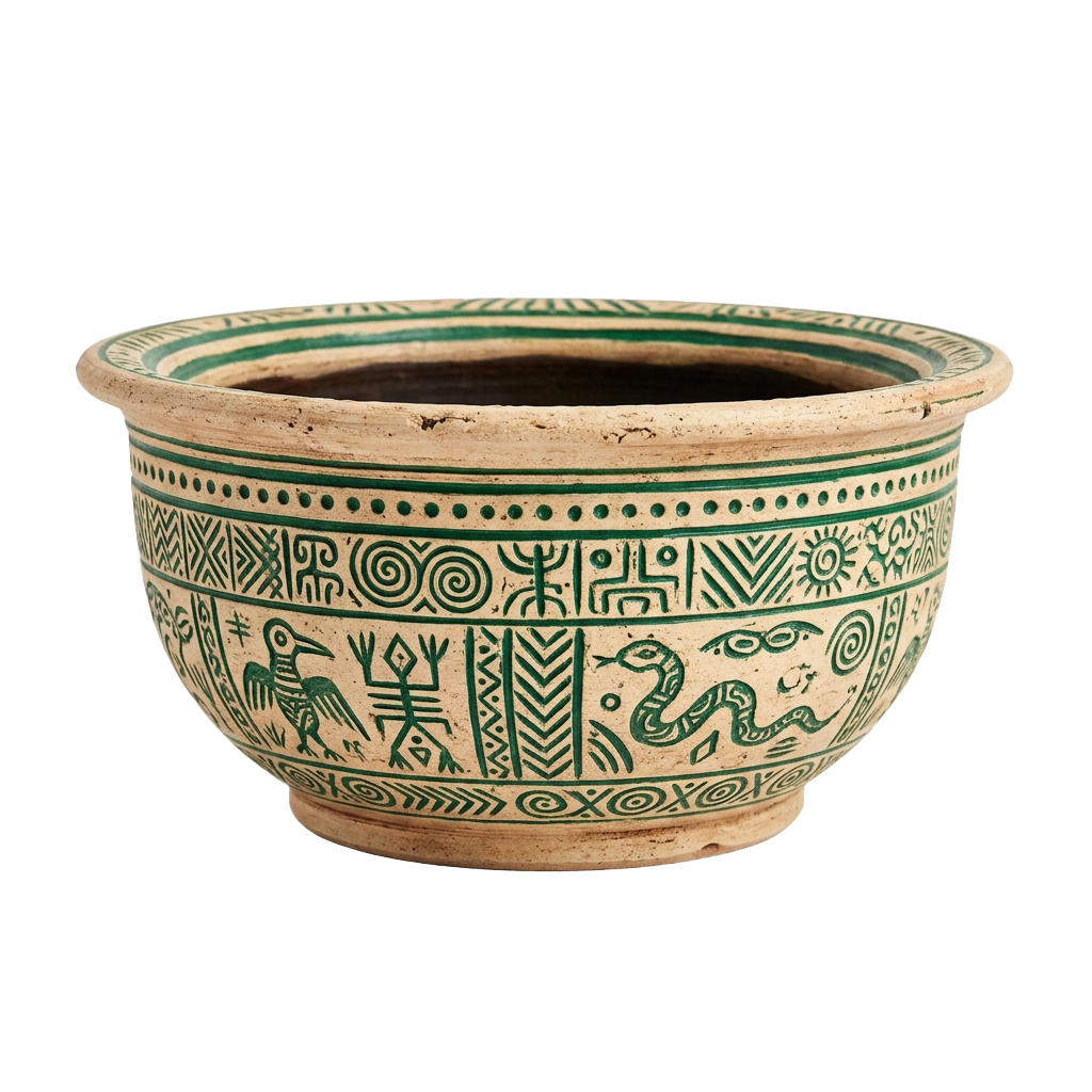 Ceramic bowl featuring green painted geometric patterns and animal motifs on a beige background