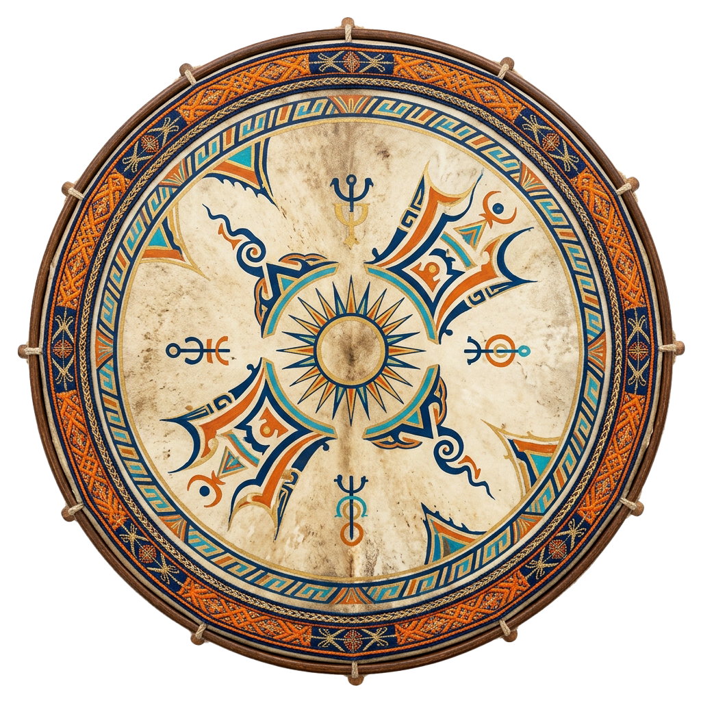 Decorative drum featuring intricate zodiac symbols, celestial motifs, and vibrant patterns in orange, blue, and black